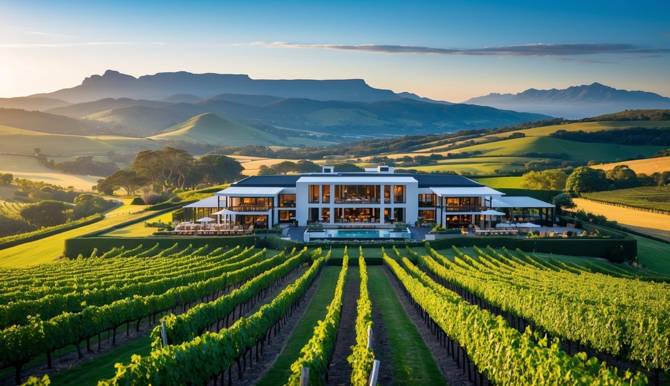 View of a winery estate with grapevines on a hillside, modern buildings, and mountains in the background under a clear sky.