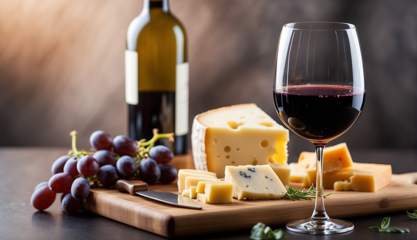 A glass of red Merlot wine next to slices of Gouda cheese on a wooden board with grapes and a cheese knife.