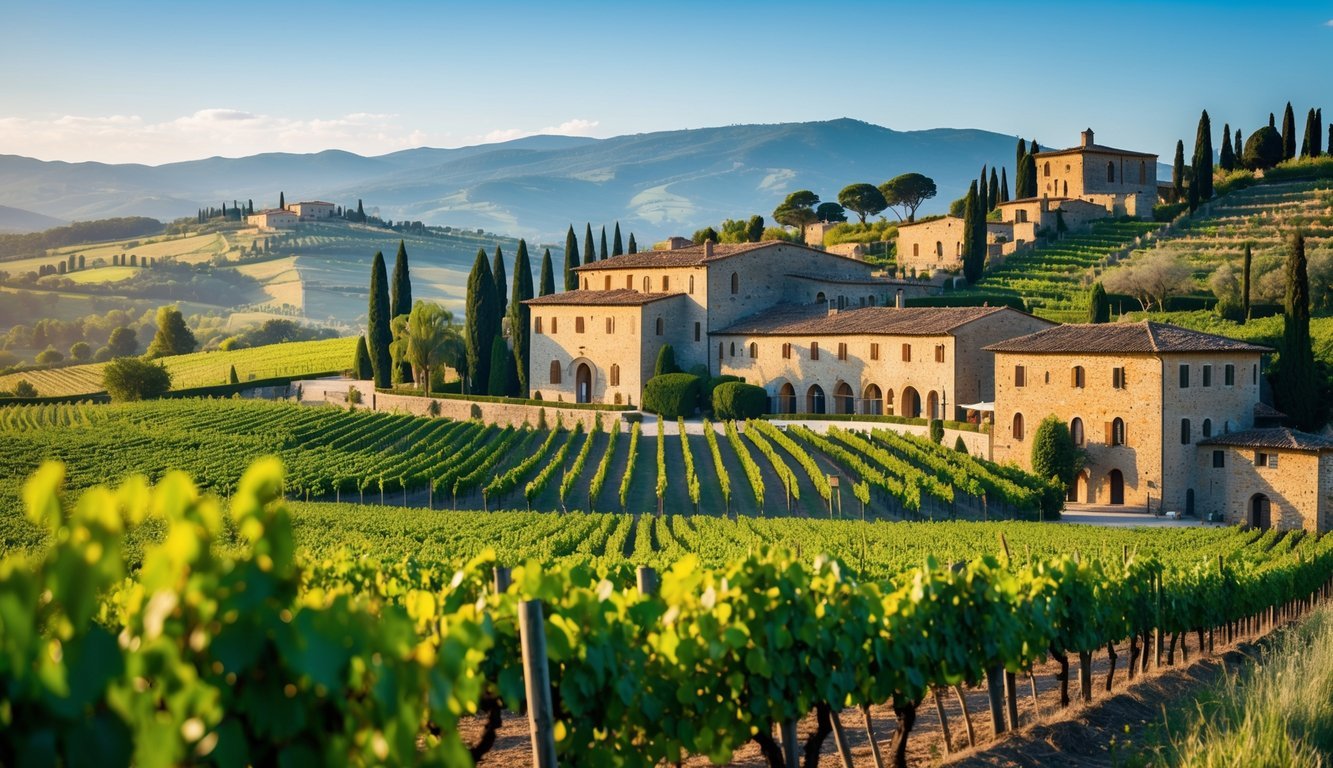 Vineyard with rows of grapevines and stone buildings of Castello di Ama winery in the Tuscan countryside under a clear blue sky.