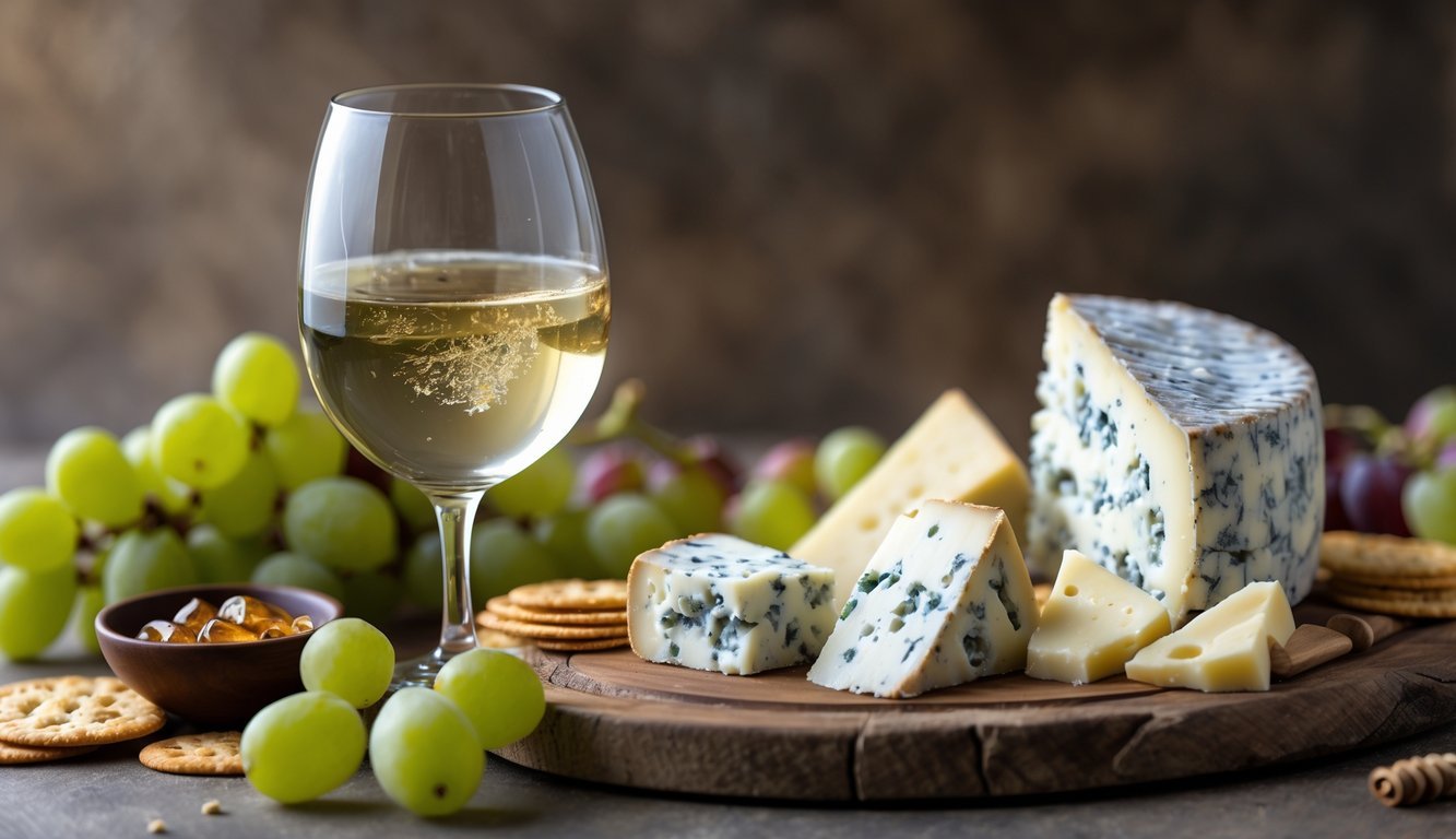 A glass of Riesling wine next to a wooden board with blue cheese, grapes, and crackers.