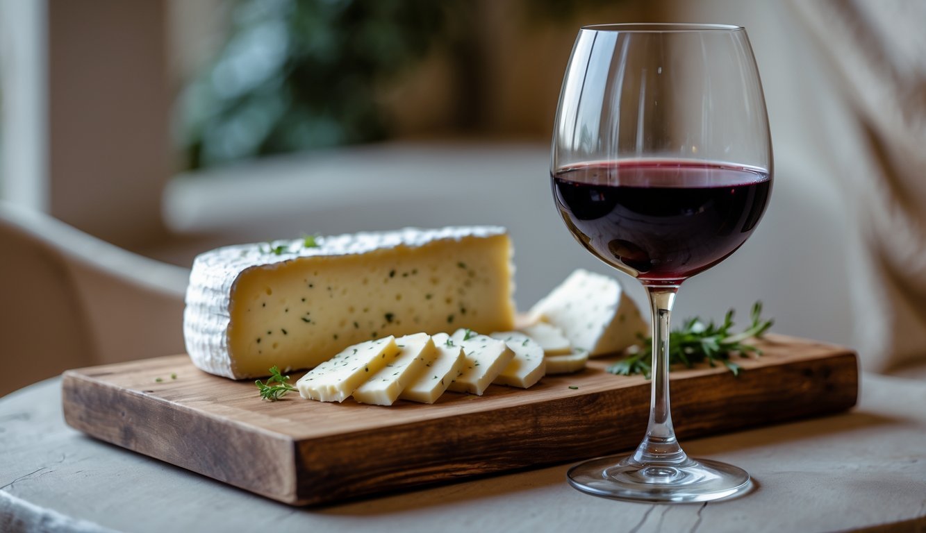 A glass of red Zinfandel wine beside slices of smoked mozzarella cheese on a wooden board.