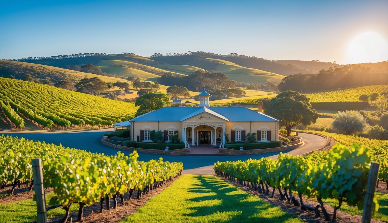 A vineyard with rows of grapevines and a historic winery building under a clear blue sky.