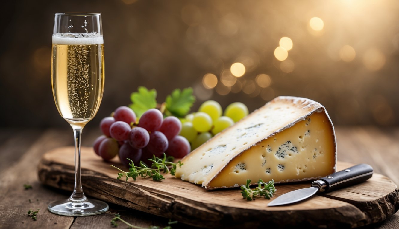 A glass of champagne next to a wedge of Camembert cheese on a wooden board with grapes and a cheese knife.