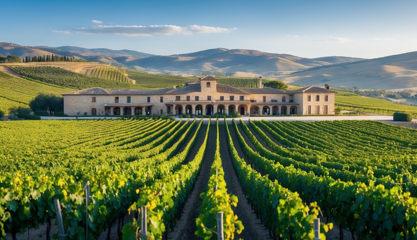Vineyard rows and historic stone winery buildings of Bodegas Vega Sicilia in Ribera del Duero, Spain under a clear blue sky.