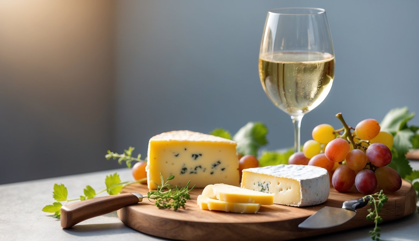 A glass of pale golden wine next to slices of creamy cheese on a wooden board with grapes and herbs.