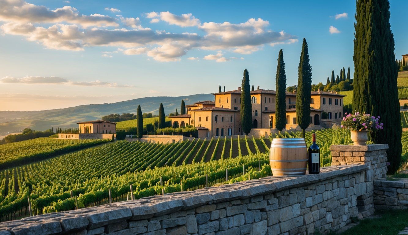 Vineyards and rustic buildings of Antinori Tenuta Tignanello winery in Tuscany, Italy under a blue sky.
