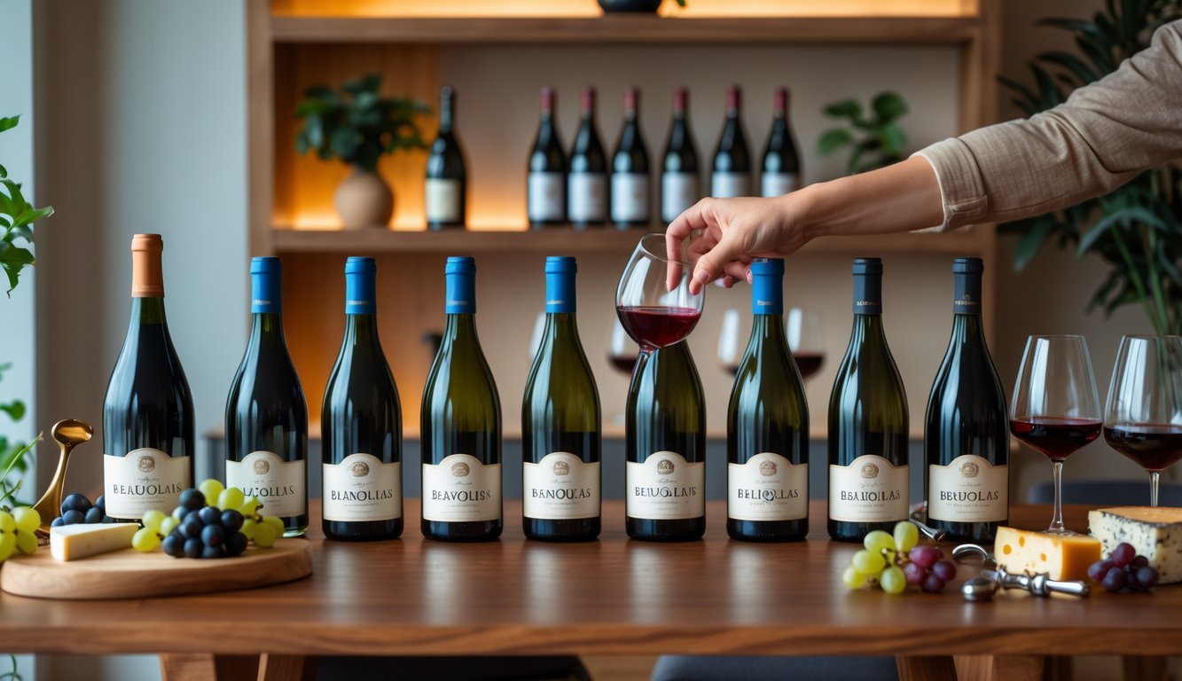 A home wine tasting scene with ten bottles of red wine on a wooden table, crystal glasses filled with wine, a hand holding a glass, and a cheese board with grapes in a cozy room.
