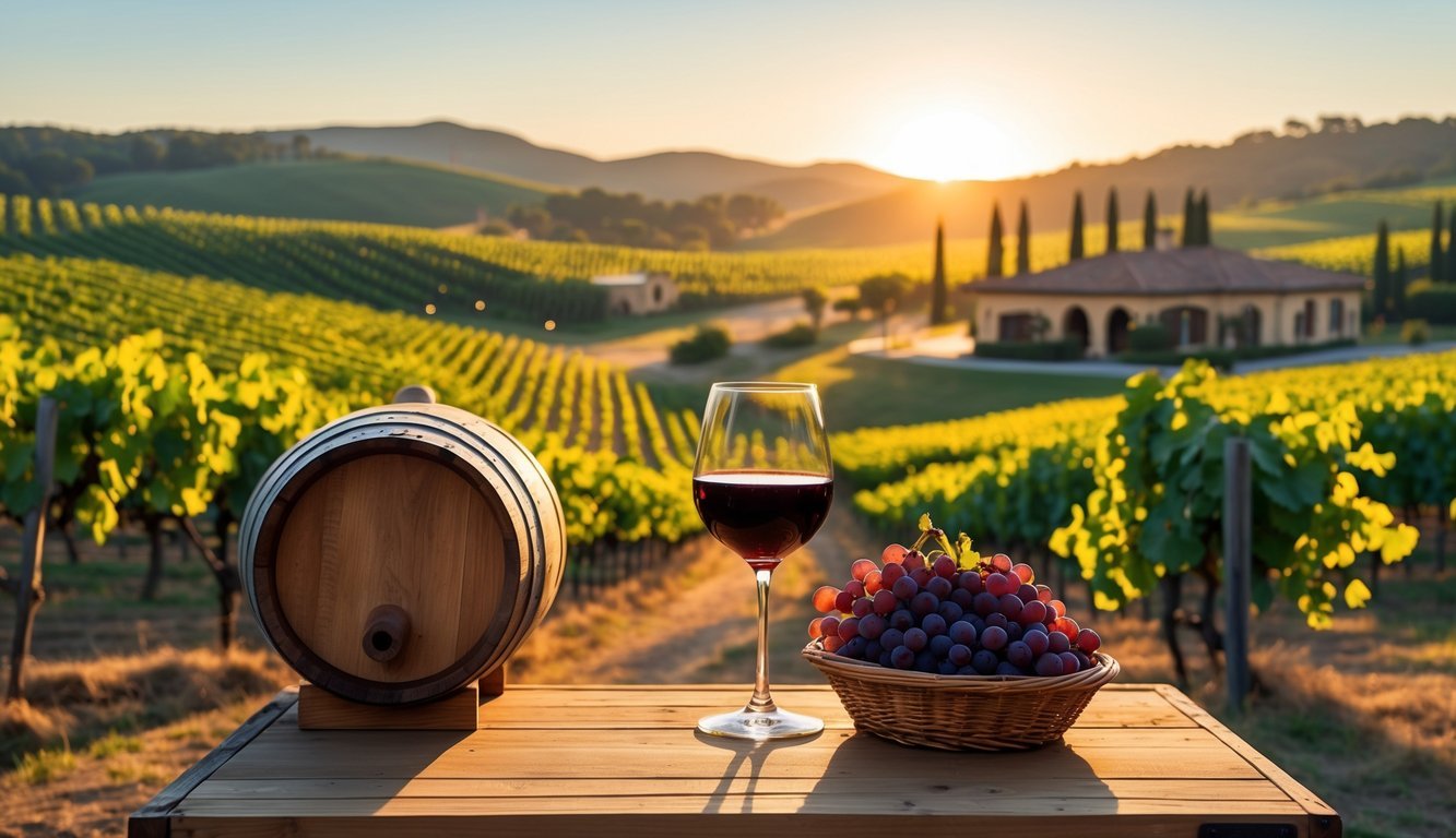 Sunlit vineyard with rows of grapevines, a winery building, a wooden barrel, a glass of red wine, and a basket of grapes on a wooden table.