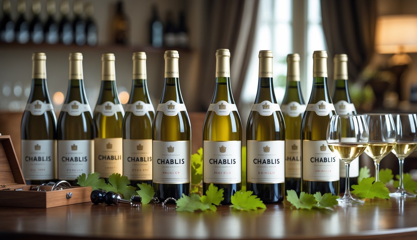 A table with ten bottles of Chablis Premier Cru wine, glasses filled with pale golden wine, and grapevine leaves arranged in a cozy home setting.