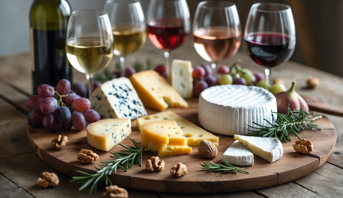 A wooden table with an assortment of cheeses, glasses of red, white, and rosé wine, grapes, figs, and walnuts arranged for a wine and cheese pairing.