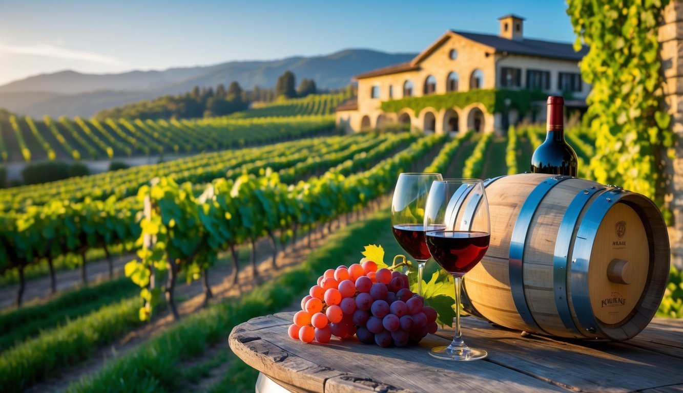 Panoramic view of a vineyard with grapevines, wine glasses, a wine bottle, and a stone winery building under a clear sky.