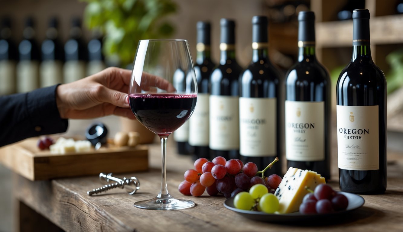 A close-up of a hand holding a glass of red wine with bottles, cheese, and grapes on a wooden table in a cozy indoor setting.