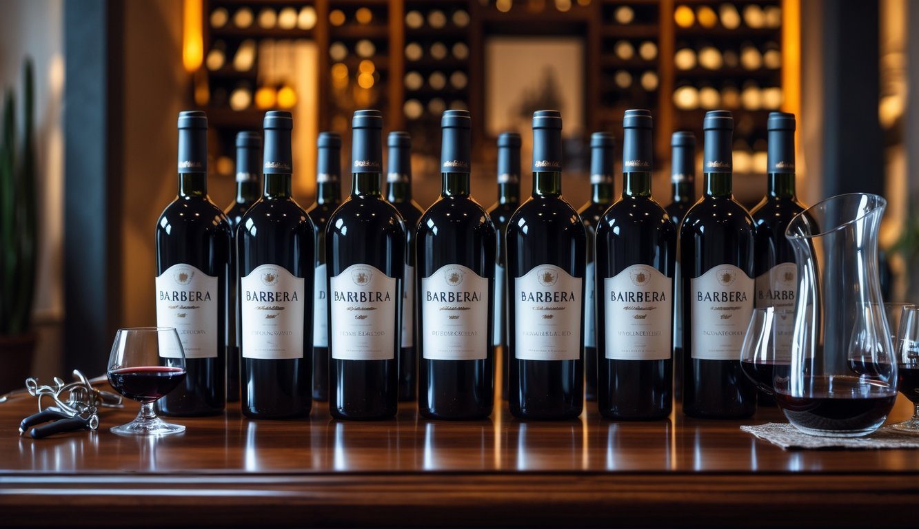 Ten Barbera d'Alba wine bottles arranged on a wooden table with wine glasses and a decanter in a cozy home setting.