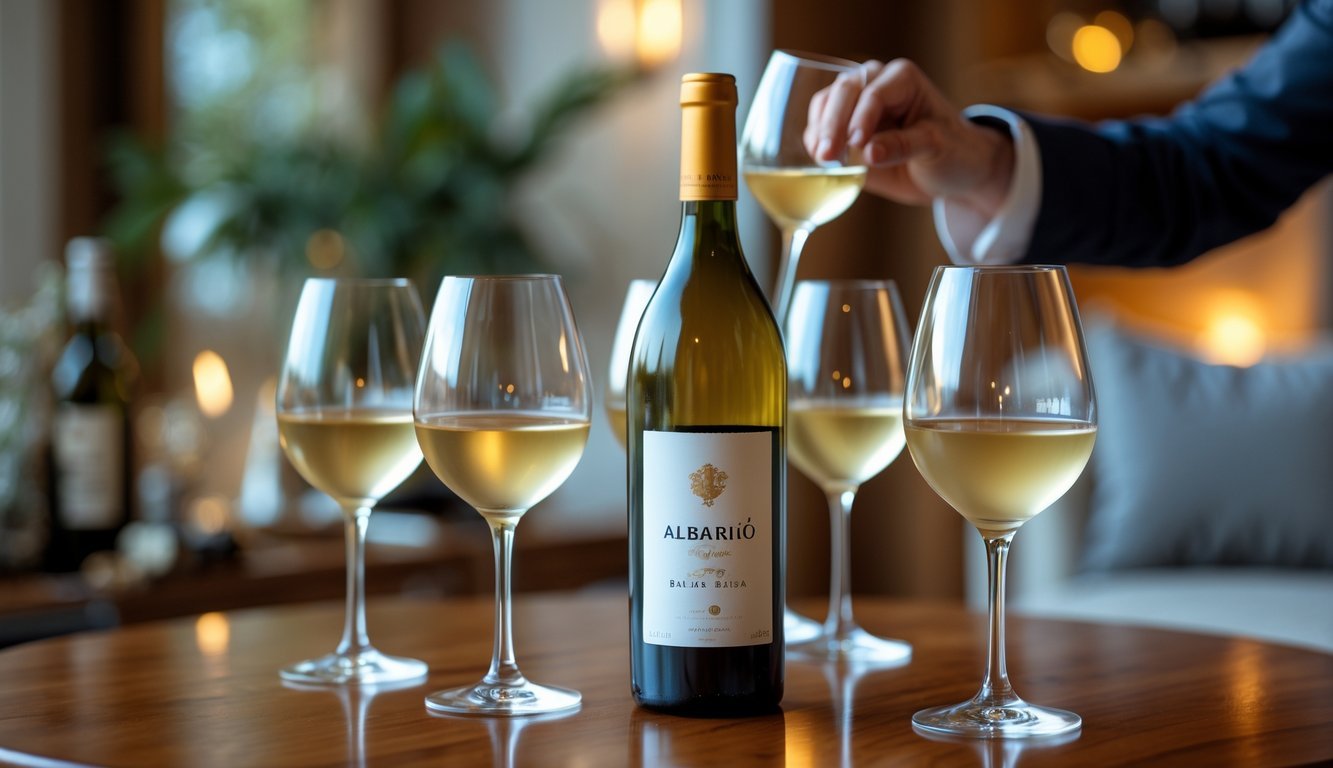 A bottle of Albariño white wine on a wooden table with glasses of wine and a hand holding one glass in a cozy home setting.