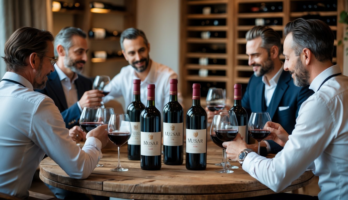 A group of sommeliers tasting Château Musar Red wine at a wooden table in a cozy home setting.