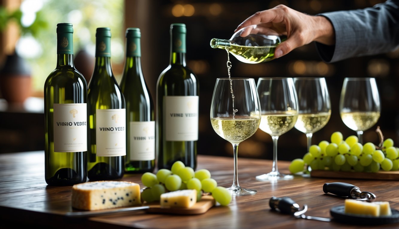 A hand holding a glass of pale white wine next to several green bottles of Vinho Verde on a wooden table with cheese and grapes in a softly lit room.