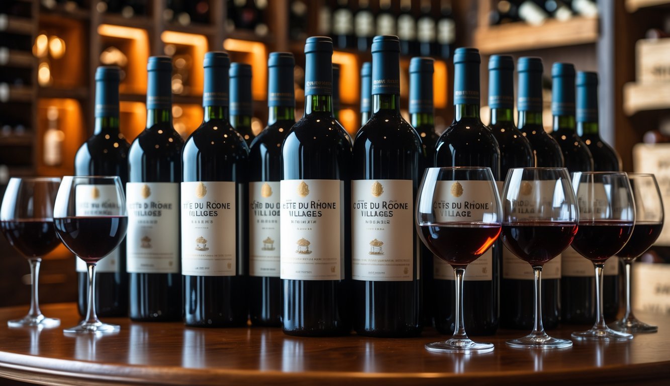 Ten bottles of red wine and filled wine glasses arranged on a wooden table in a warm, softly lit home wine cellar.