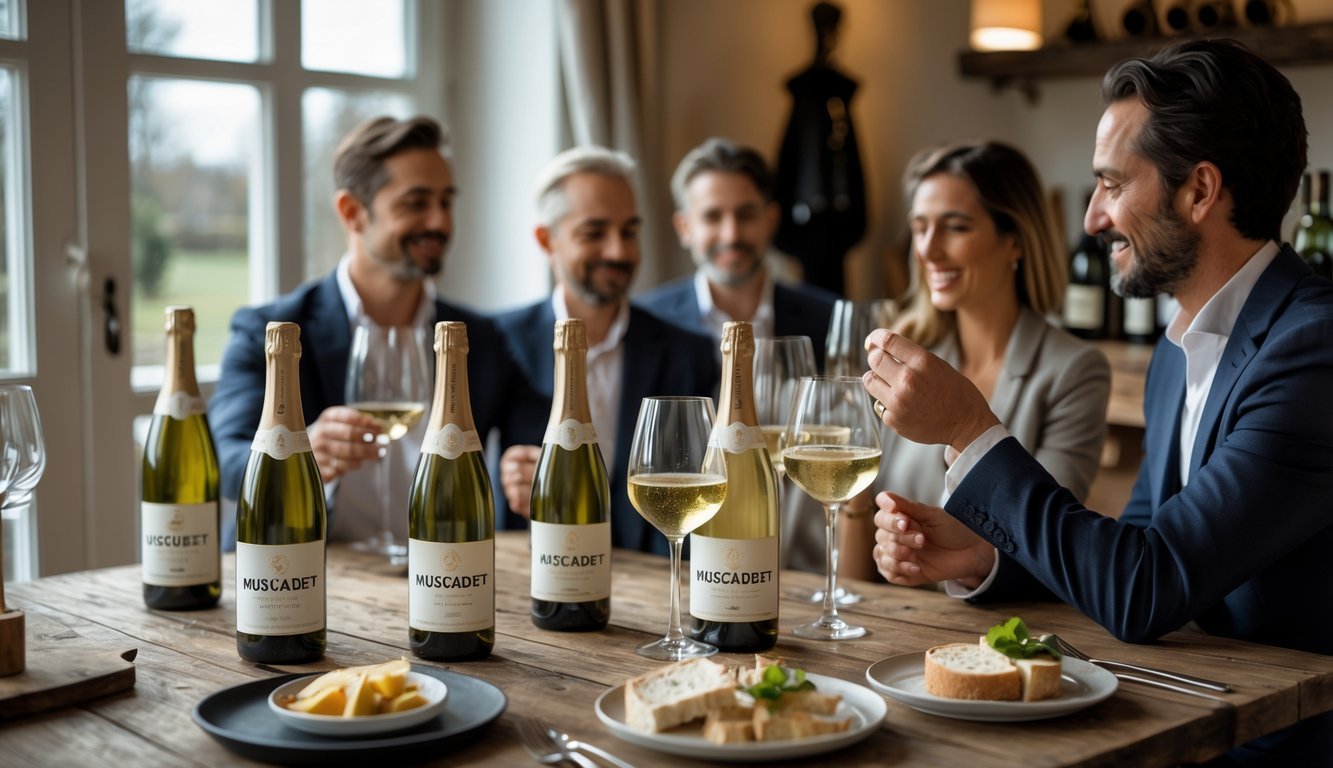 A group of sommeliers enjoying glasses of white wine around a wooden table with bottles and light snacks in a cozy home setting.