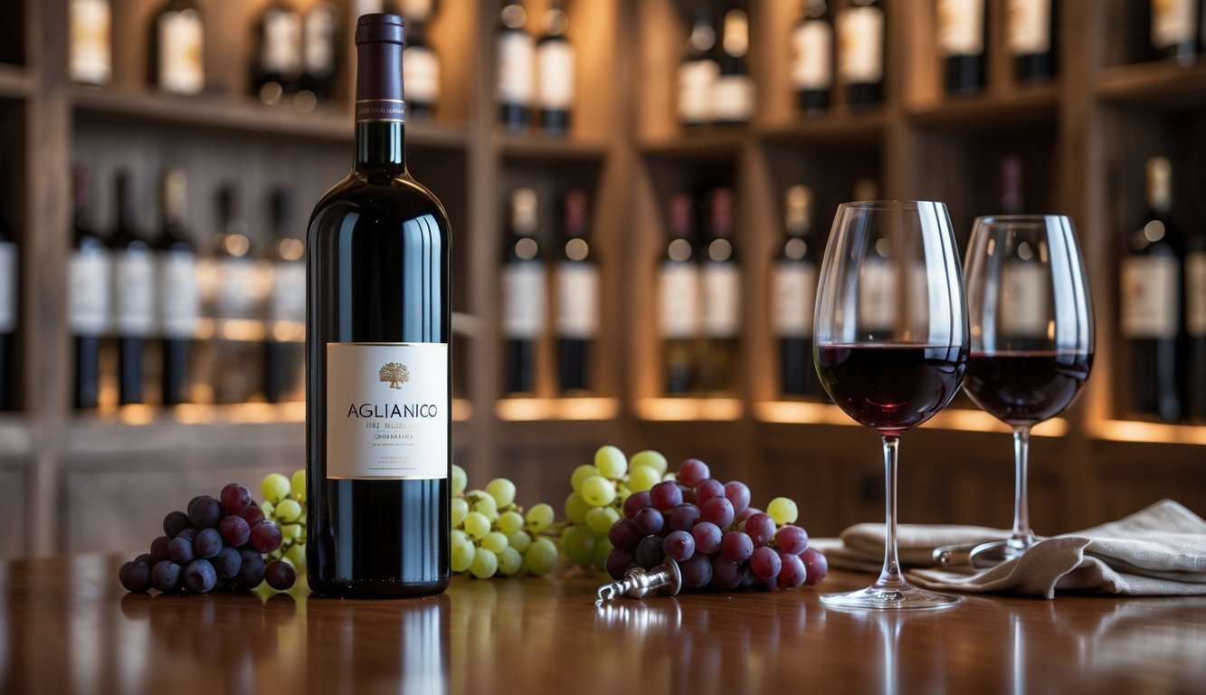 A bottle of Aglianico wine from Campania on a wooden table with two glasses of red wine, grapes, and a corkscrew in a softly lit wine cellar setting.
