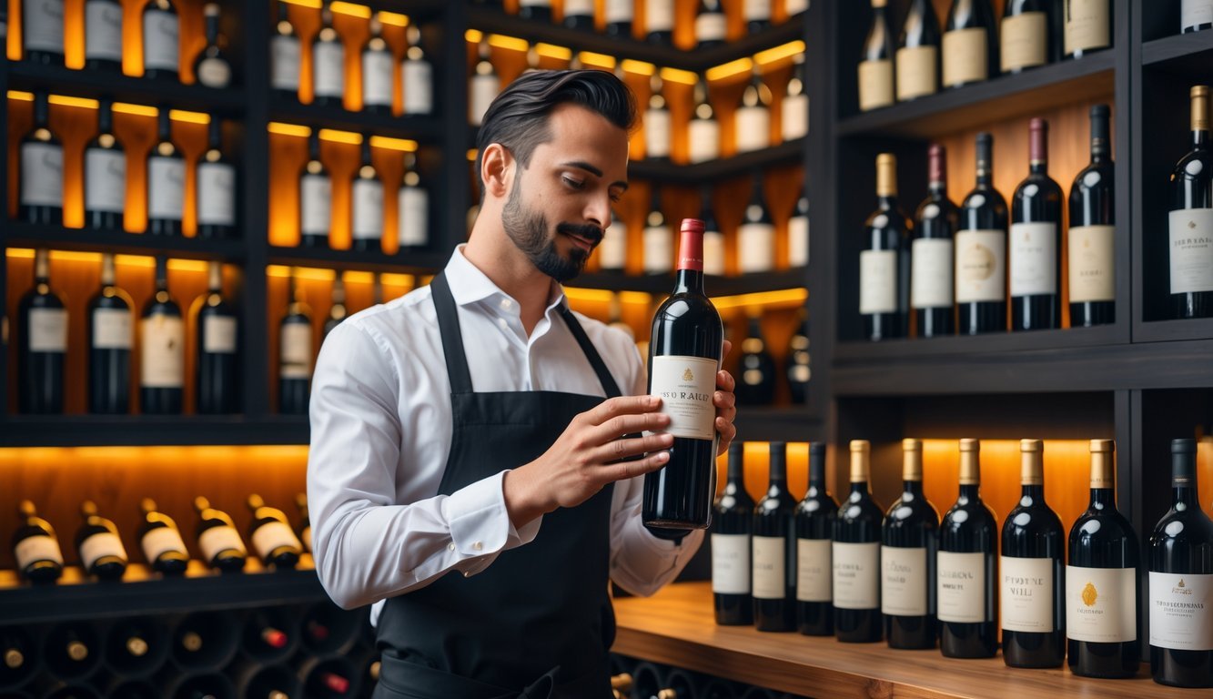 A sommelier selecting a wine bottle from a wooden wine rack in a wine cellar with ten wine bottles displayed on a nearby table.