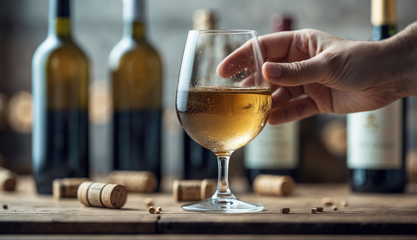 Close-up of a hand holding a wine glass filled with brownish, dull wine indicating spoilage, with wine bottles and corks in the background.
