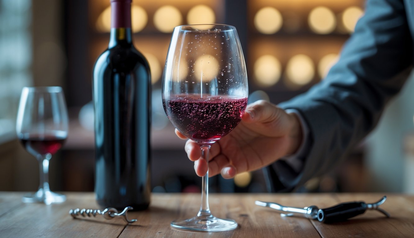 Close-up of a hand holding a wine glass with cloudy red wine and floating particles, next to a wine bottle and corkscrew on a wooden table.