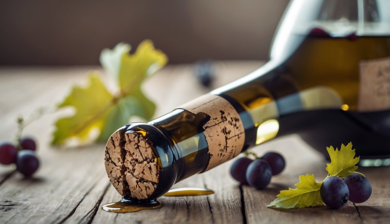 Close-up of a wine bottle with a damaged cork partially pushed out, placed on a wooden table with dried grape leaves nearby.