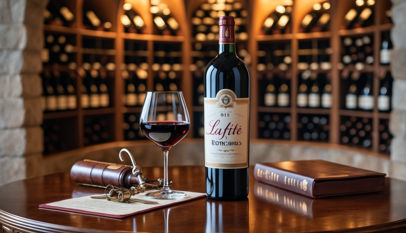 A bottle of 2015 Château Lafite Rothschild wine on a wooden table with a glass of red wine and a wine cellar in the background.