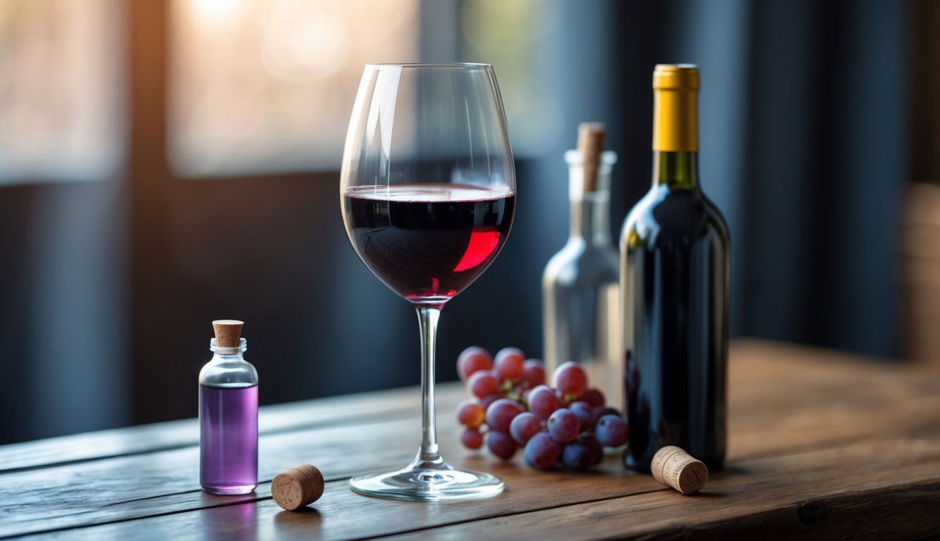 A close-up of a wine glass filled with red wine next to an open wine bottle on a wooden table, with a vinegar bottle and nail polish remover bottle nearby.