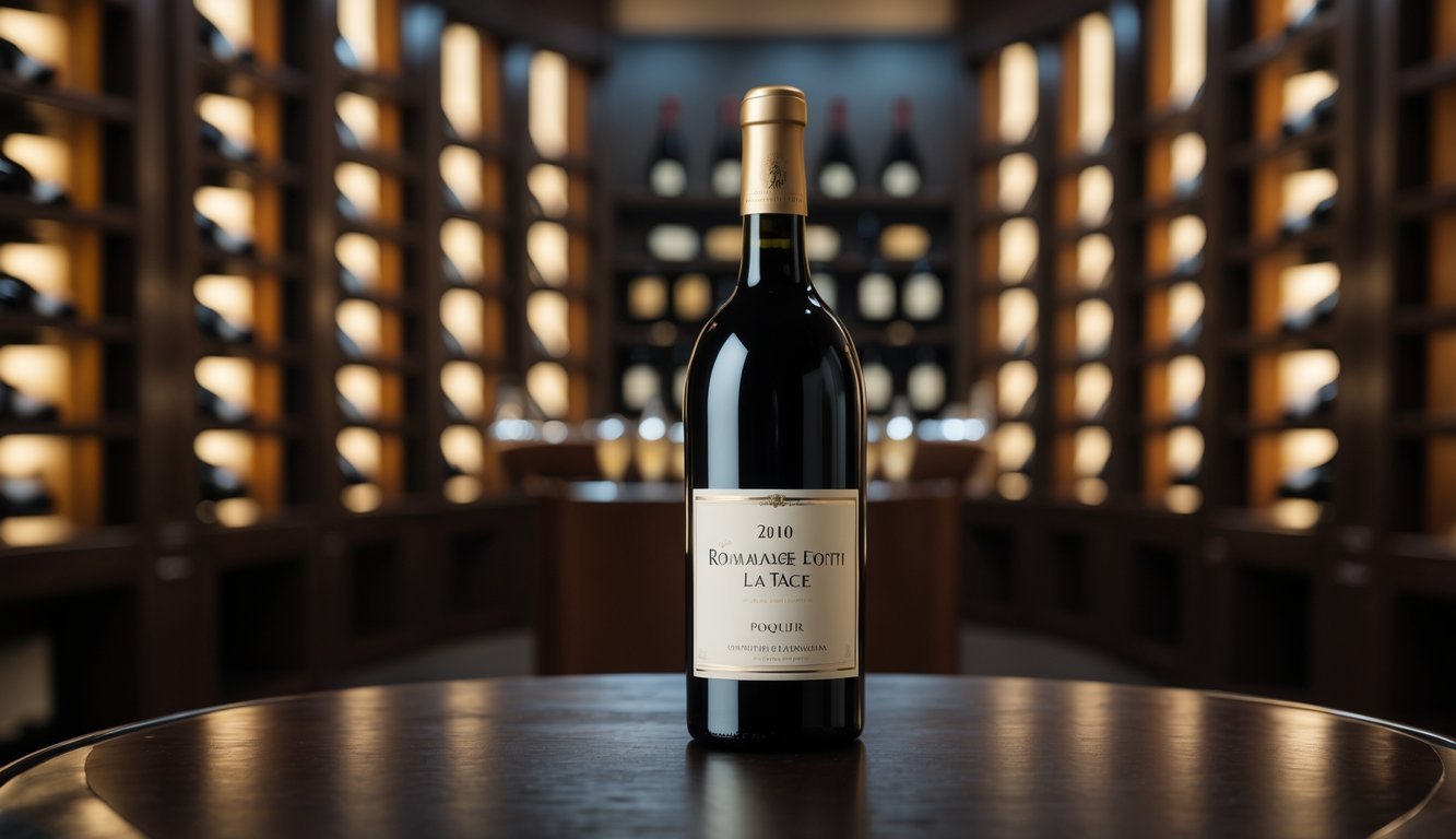 A bottle of red wine displayed on a wooden surface with a blurred wine cellar in the background.