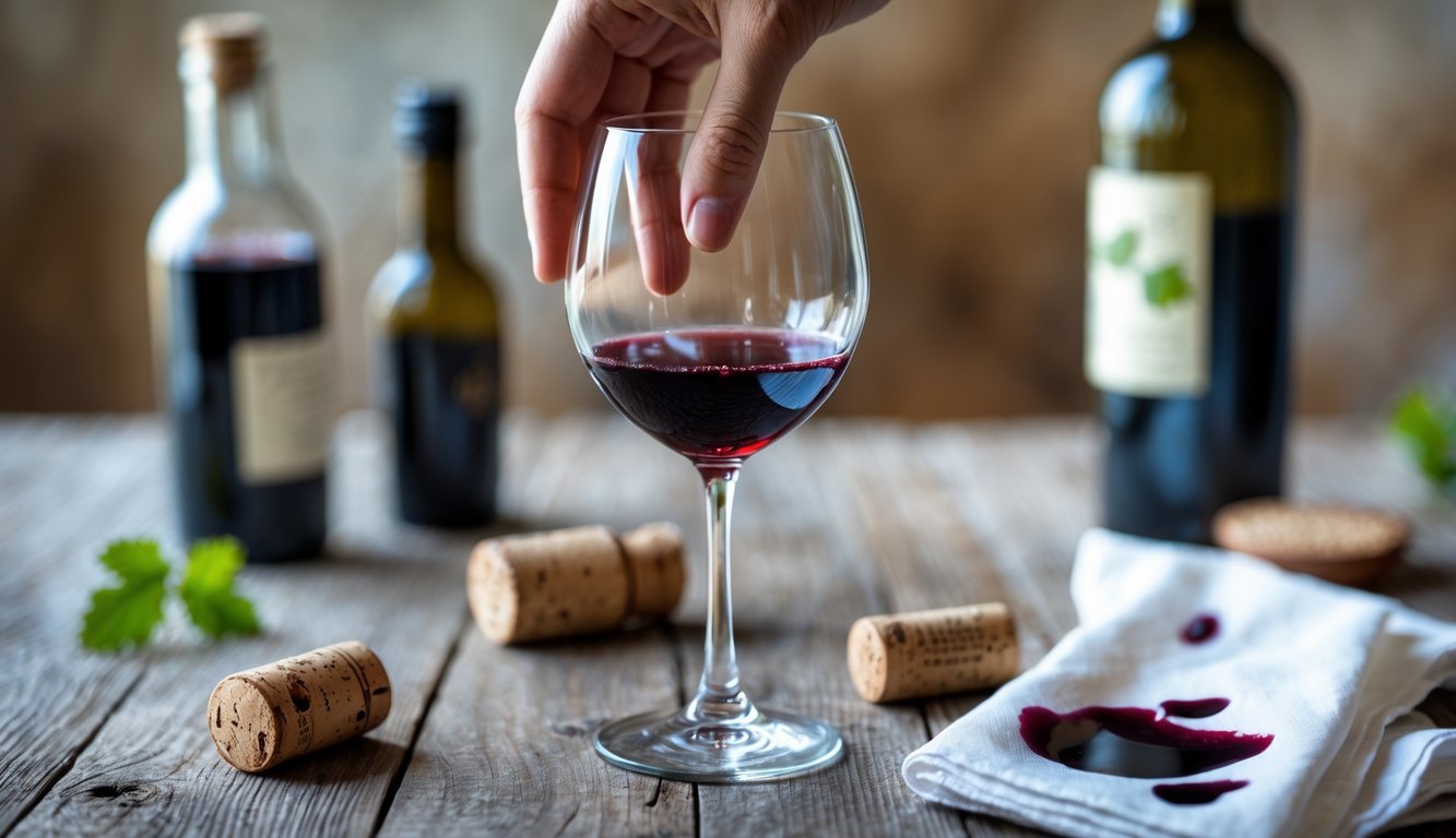 A hand holding a glass of red wine with nearby signs of spoiled wine including a vinegar bottle, moldy cork, and wine stains on a table.