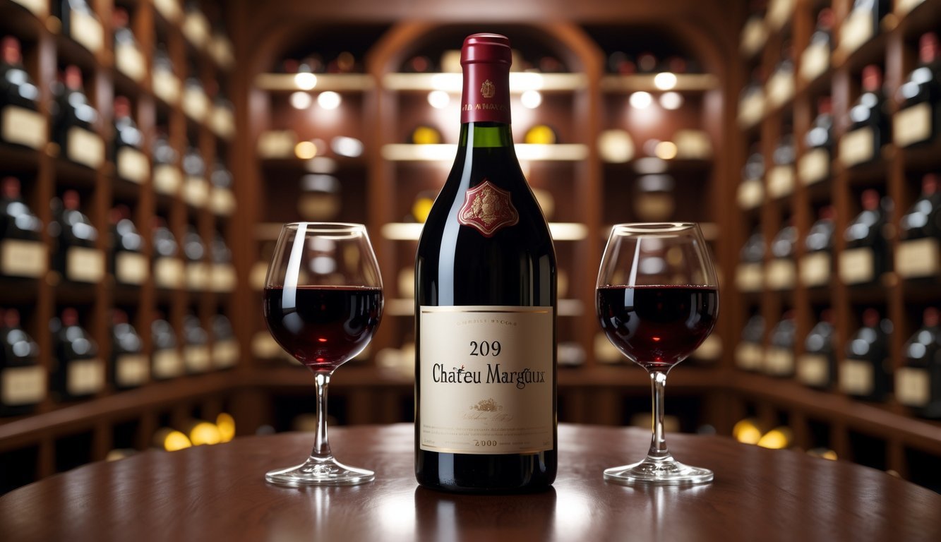 A bottle of red wine on a wooden table with filled wine glasses and a wine cellar in the background.