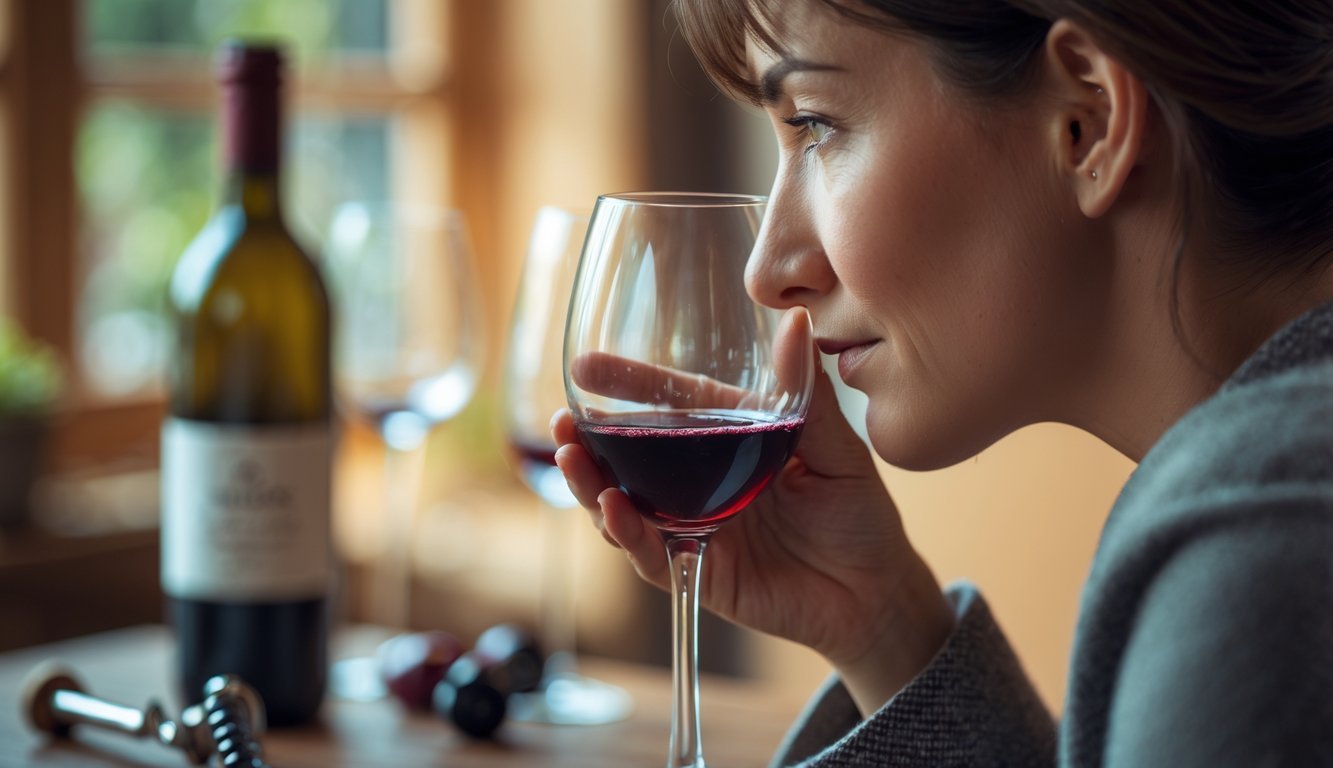 A person sniffing a glass of red wine with a concerned expression, holding the glass by the stem, with a wine bottle and accessories on a wooden table in the background.