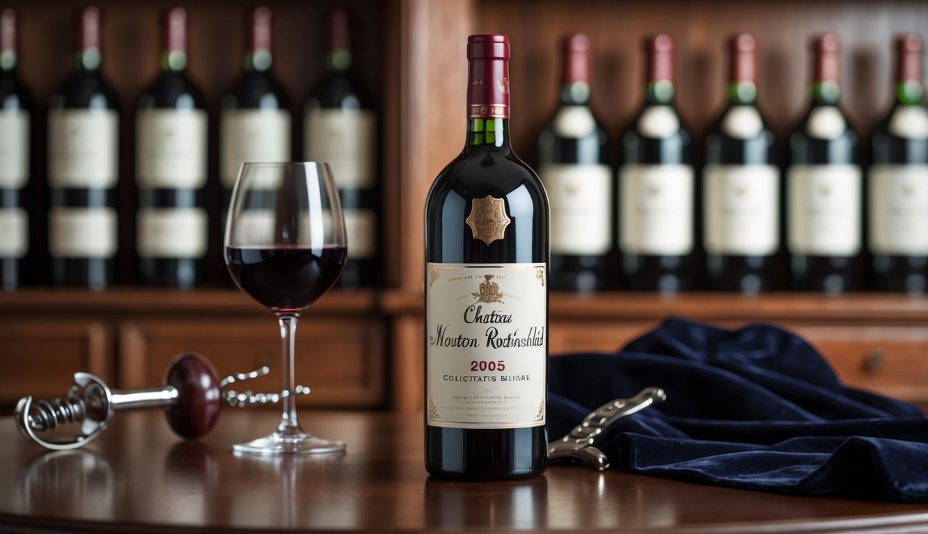 A bottle of 2005 Château Mouton Rothschild wine displayed on a wooden table surrounded by other rare wine bottles and a partially filled wine glass.