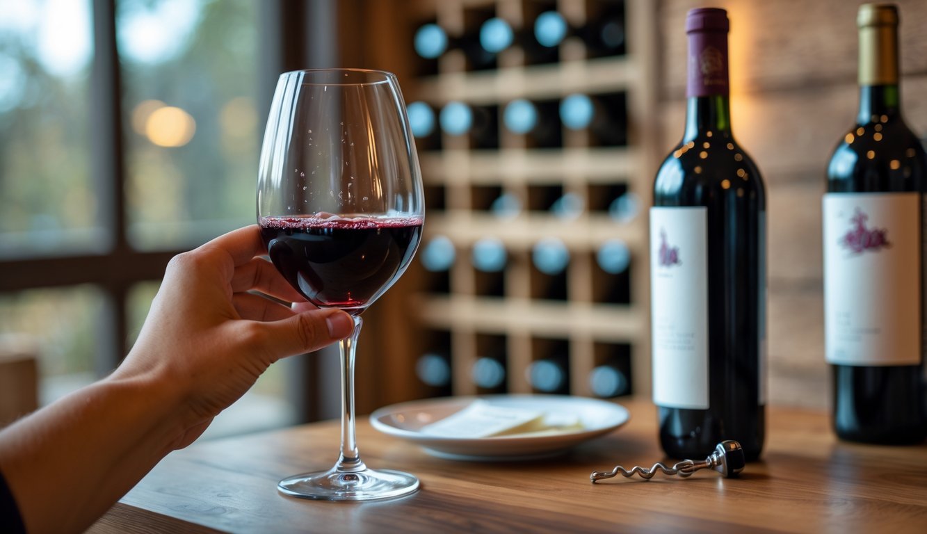 Close-up of a hand holding a glass of red wine with a wine bottle and tasting notes on a wooden table in a wine cellar setting.