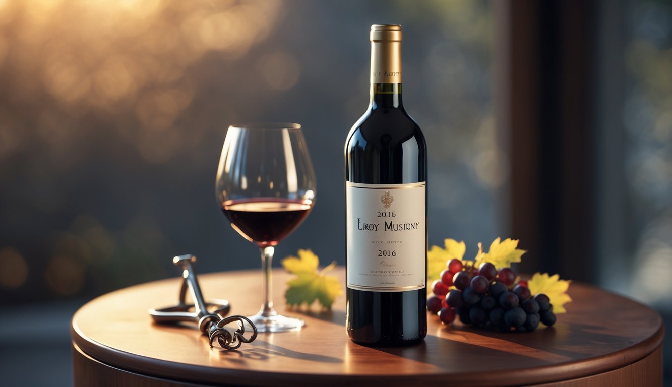 A bottle of 2016 Domaine Leroy Musigny wine on a wooden surface with a glass of red wine, grape clusters, and vine leaves nearby.