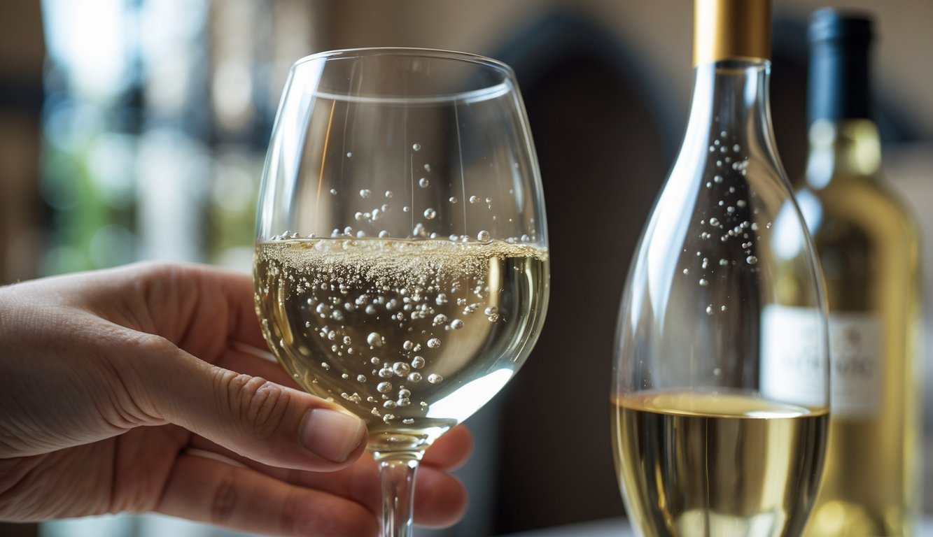 Close-up of a hand holding a wine glass with white wine showing small bubbles rising inside.