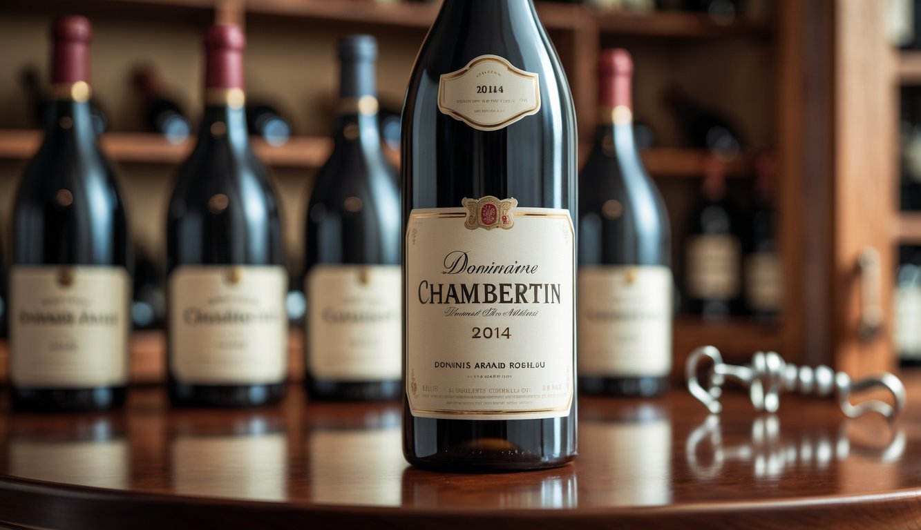 A close-up of a 2014 Domaine Armand Rousseau Chambertin wine bottle on a wooden table with other wine bottles and a wine cellar shelf in the background.