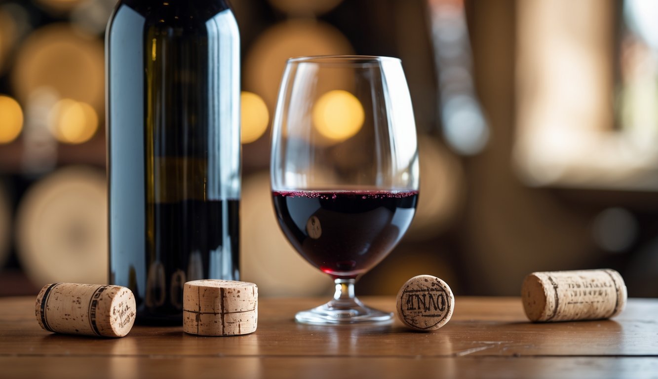 Close-up of a wine bottle and glass on a wooden table with signs of wine spoilage like moldy cork and cloudy wine.