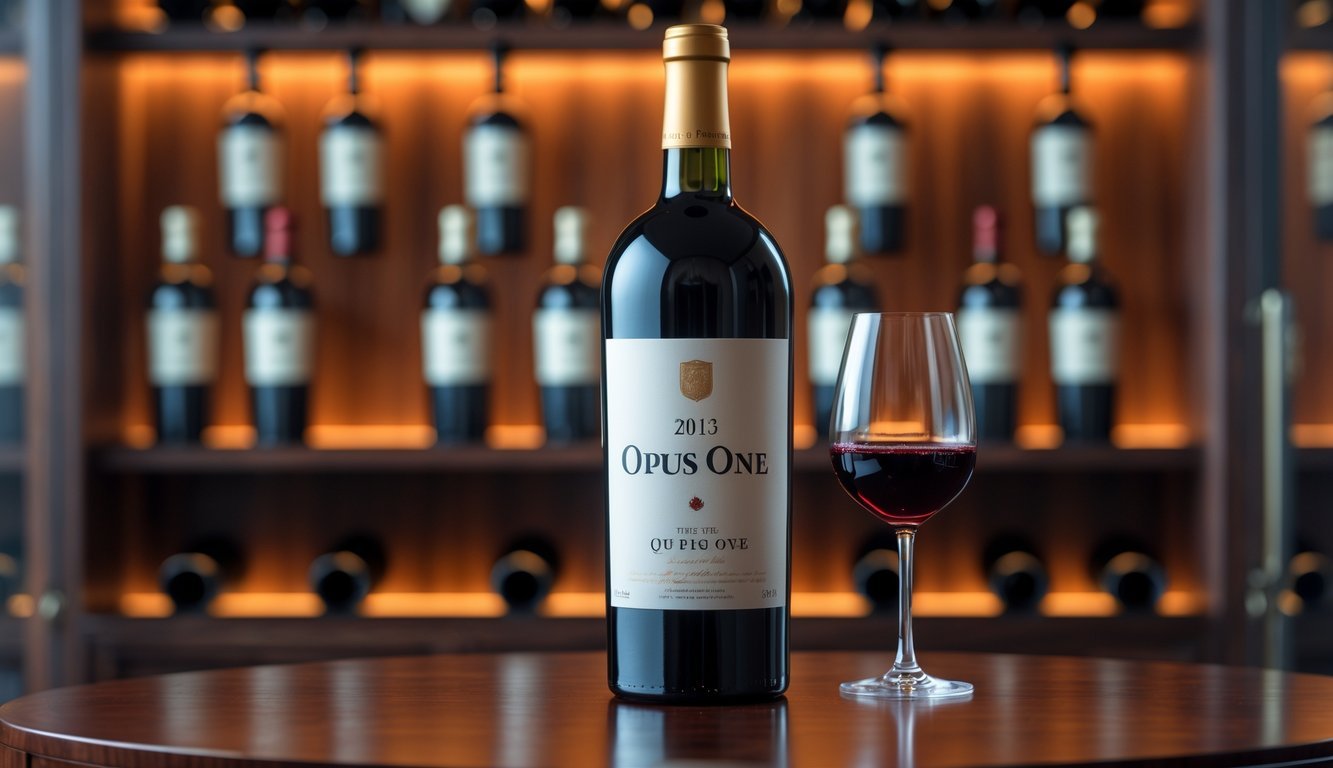 A bottle of 2013 Opus One wine with a glass of red wine on a wooden surface, set against a blurred background of wine cellar shelves filled with bottles.