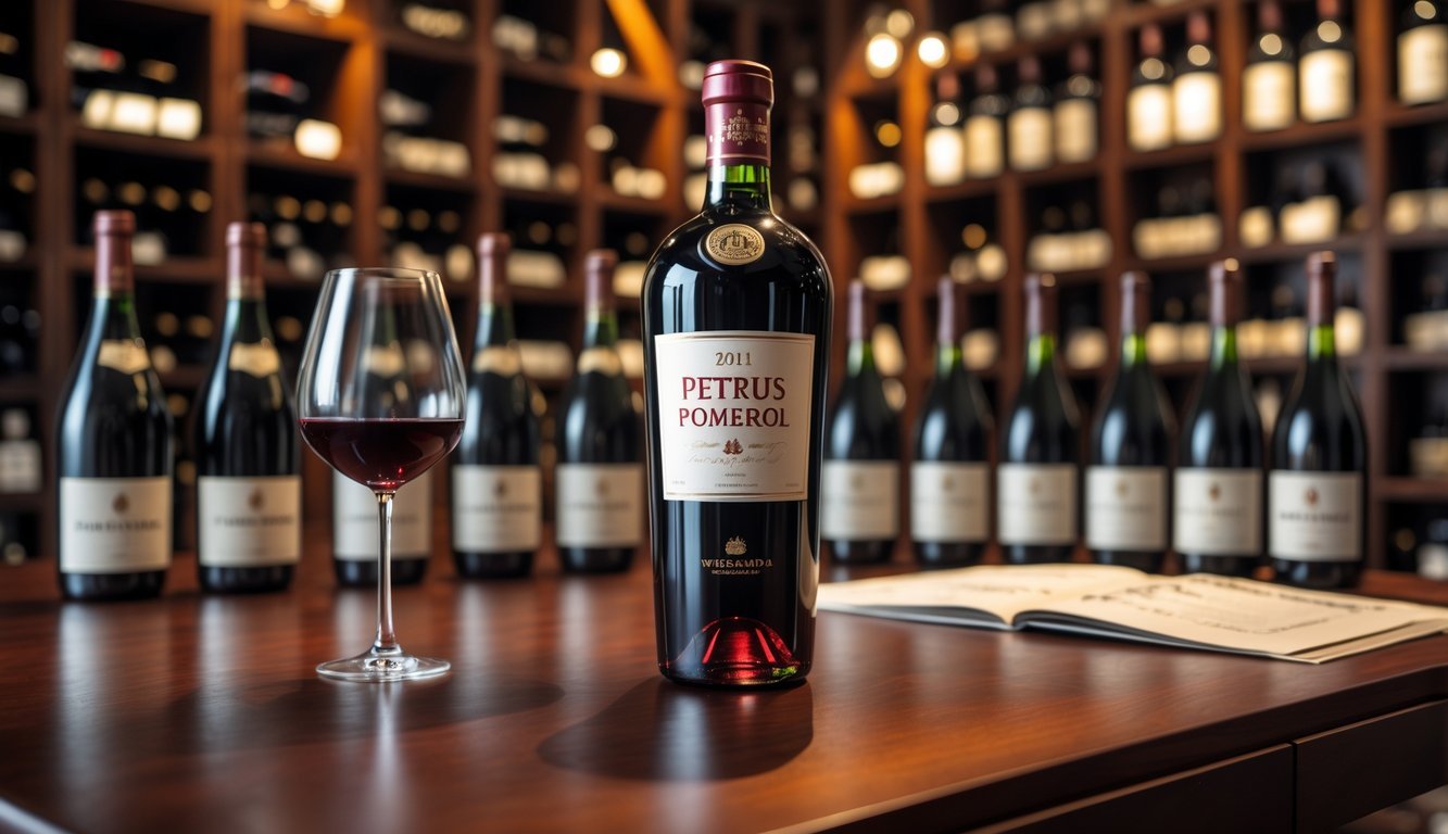 A bottle of 2011 Petrus Pomerol wine displayed on a wooden table with other rare wine bottles and a filled wine glass, set against blurred wine cellar shelves.