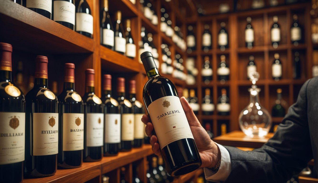 A hand selecting a rare wine bottle from a wooden wine cellar filled with vintage bottles.