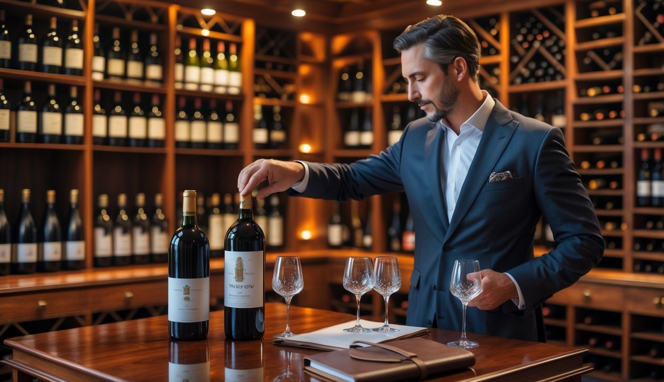 A person examining a rare wine bottle in a wine cellar filled with shelves of vintage wines and a table with wine glasses and a notebook.