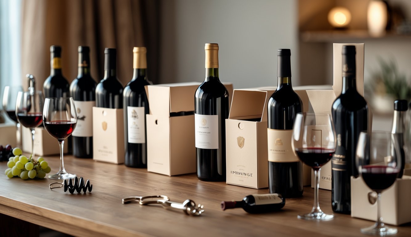 A wooden table with seven wine subscription boxes, wine bottles, glasses filled with red and white wine, and wine accessories in a cozy home setting.