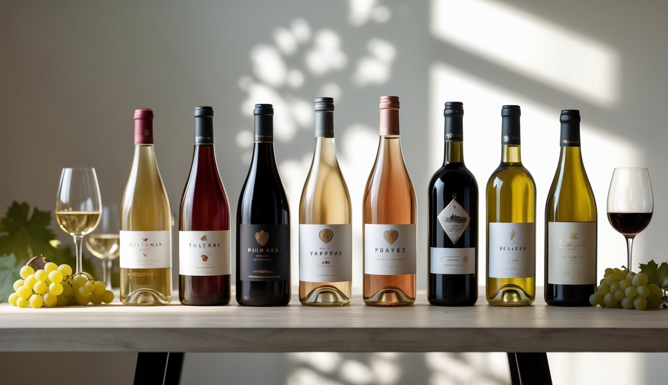 Seven wine bottles arranged on a wooden table with wine glasses and grape clusters in a softly lit room.