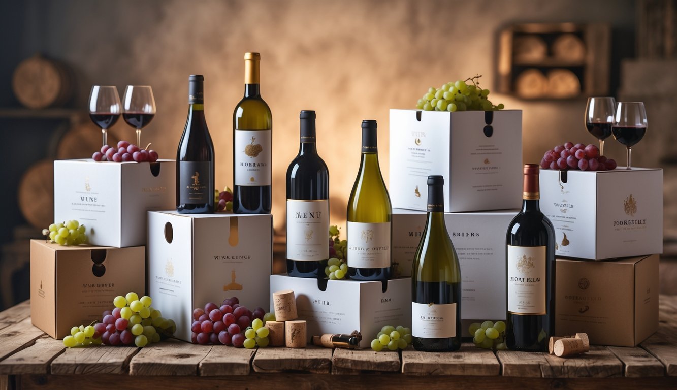 Seven wine subscription boxes arranged on a wooden table with wine bottles, filled wine glasses, grapes, corks, and wine openers.