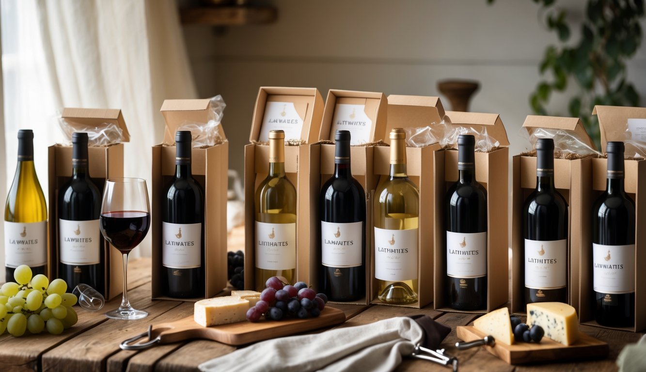 Seven open wine subscription boxes with bottles of wine, wine glasses, and a cheese board on a wooden table.