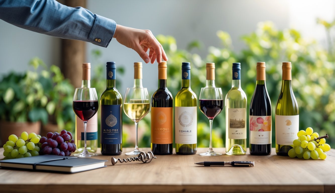 A person selecting a bottle from seven wine bottles arranged on a wooden table with glasses of wine, grapes, and a notebook nearby.