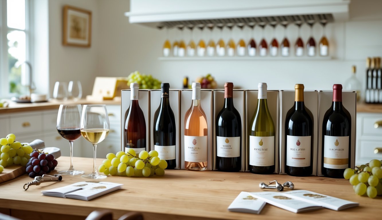 A table with seven open wine subscription boxes displaying wine bottles, glasses filled with different wines, grapes, and cheese platters in a cozy kitchen setting.