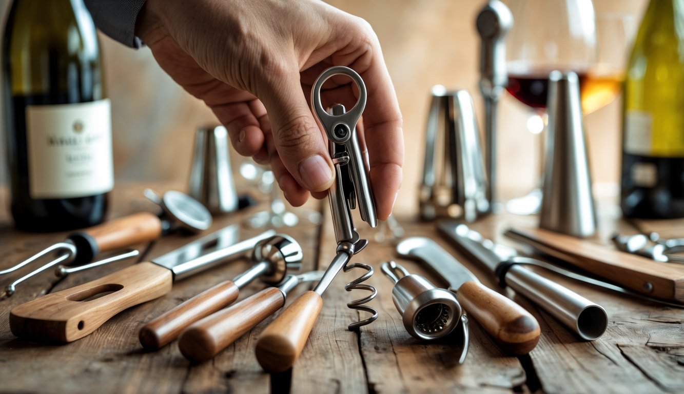 A collection of twelve essential wine tools including a waiter's corkscrew arranged on a wooden table with a wine bottle and glass in the background.